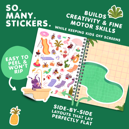 Sticker book with colorful illustrations on a green background, featuring text about stickers and benefits.