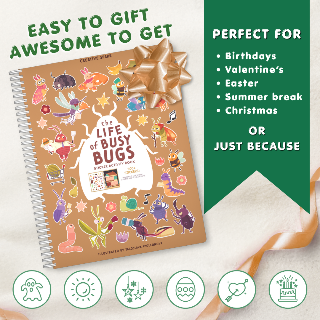 Sticker activity book titled 'The Life of Busy Bugs' with decorative elements on a light background.