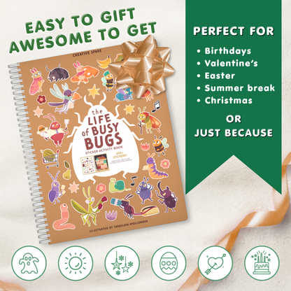 Sticker activity book titled 'The Life of Busy Bugs' with decorative elements on a light background.