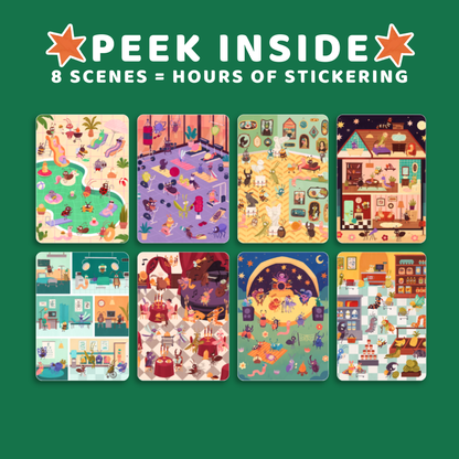 Set of colorful sticker sheets with various scenes on a green background, featuring text 'Peek Inside' and '8 Scenes = Hours of Sticking'.