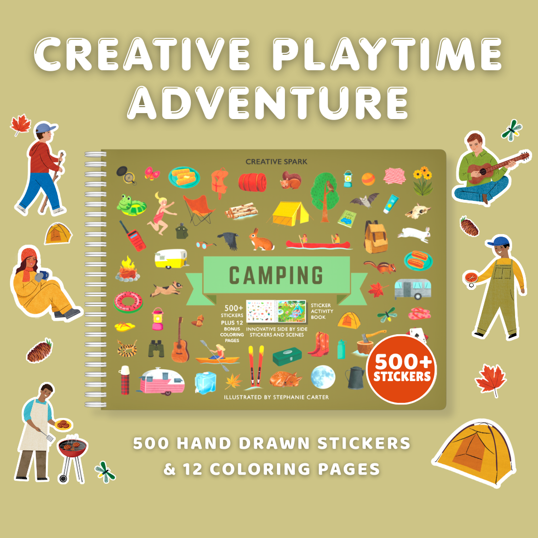 Children's activity book with stickers and coloring pages on a beige background