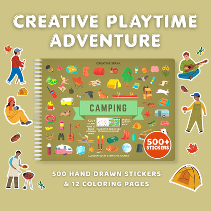 Children's activity book with stickers and coloring pages on a beige background