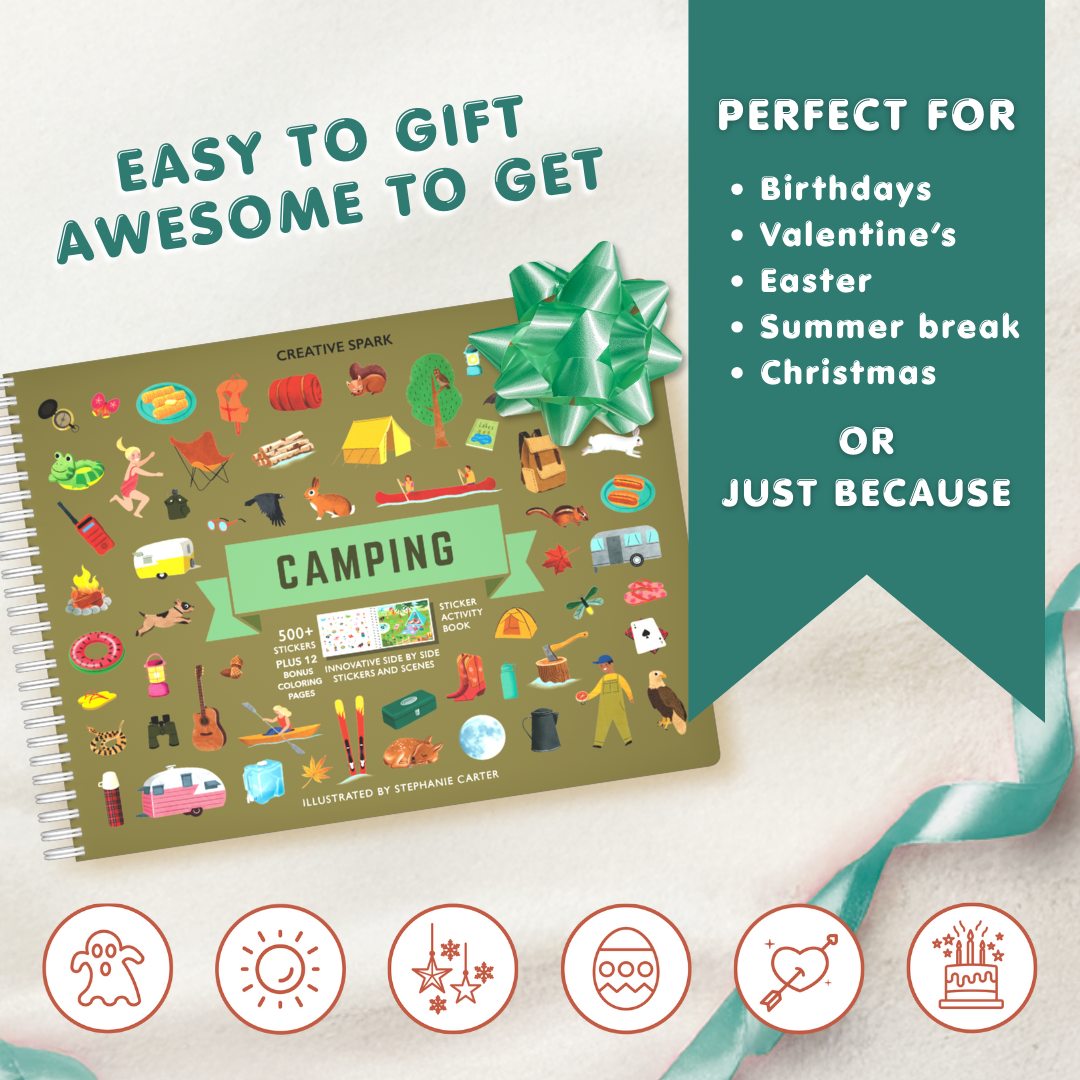 Camping-themed activity book with a green ribbon on a white background
