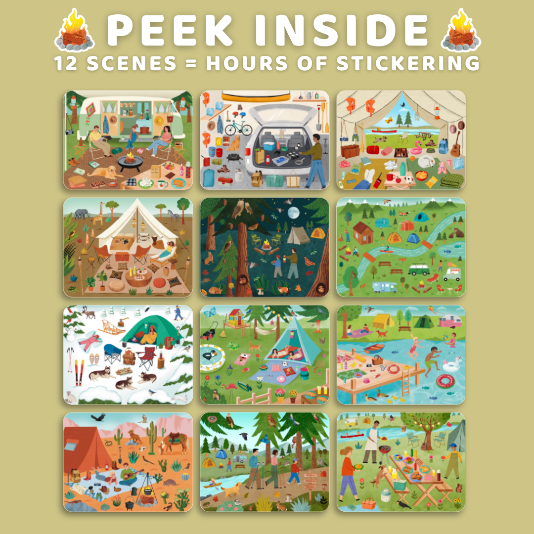 Illustrated camping scenes on a beige background with 'Peek Inside' text.