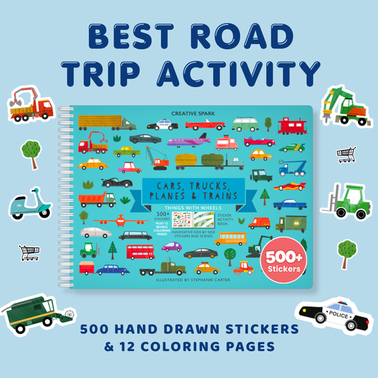 Children's activity book with stickers and coloring pages on a blue background