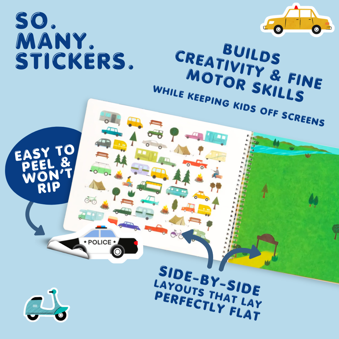 Children's activity book with stickers and illustrations on a blue background