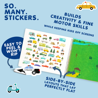 Children's activity book with stickers and illustrations on a blue background