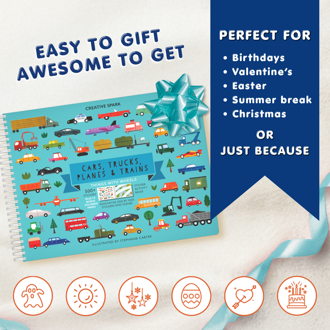 Children's activity book with transportation-themed illustrations on a white background