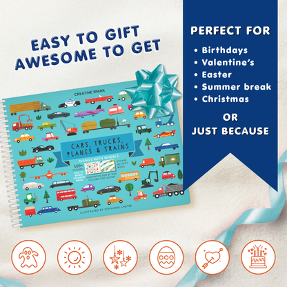 Children's activity book with transportation-themed illustrations on a white background