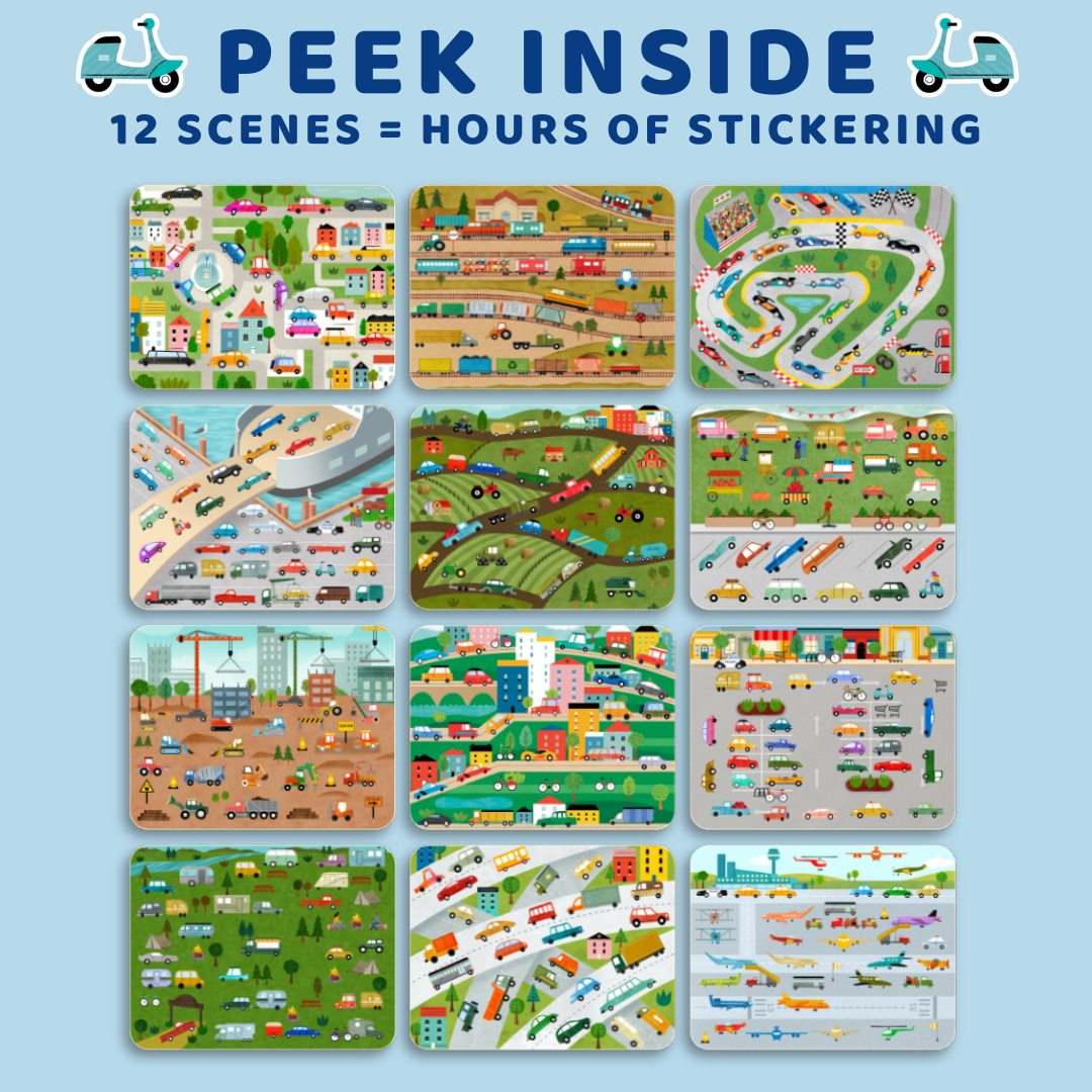 Set of 12 colorful sticker sheets with various scenes on a blue background.