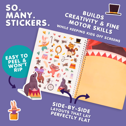 Sticker book with cartoon characters on a purple background, featuring text about stickers and benefits.