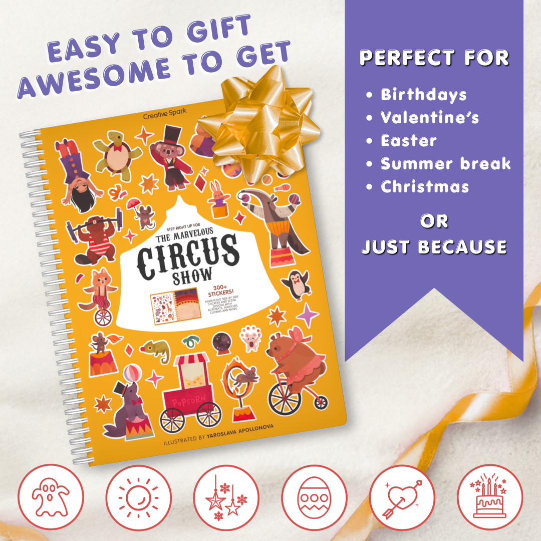 Notebook with circus-themed cover and decorative elements on a white background
