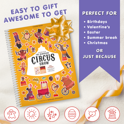 Notebook with circus-themed cover and decorative elements on a white background