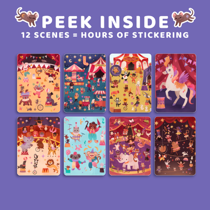 Set of eight colorful sticker sheets with circus-themed designs on a purple background, featuring the text 'Peek Inside' and '12 scenes = hours of stickering'.