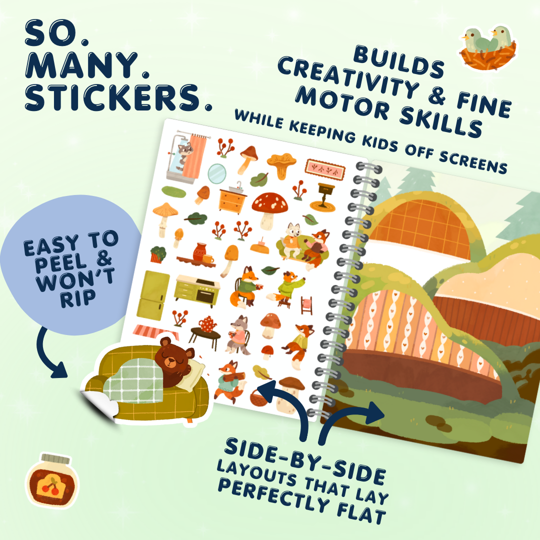 Children's activity book with stickers and a spiral binding on a light green background