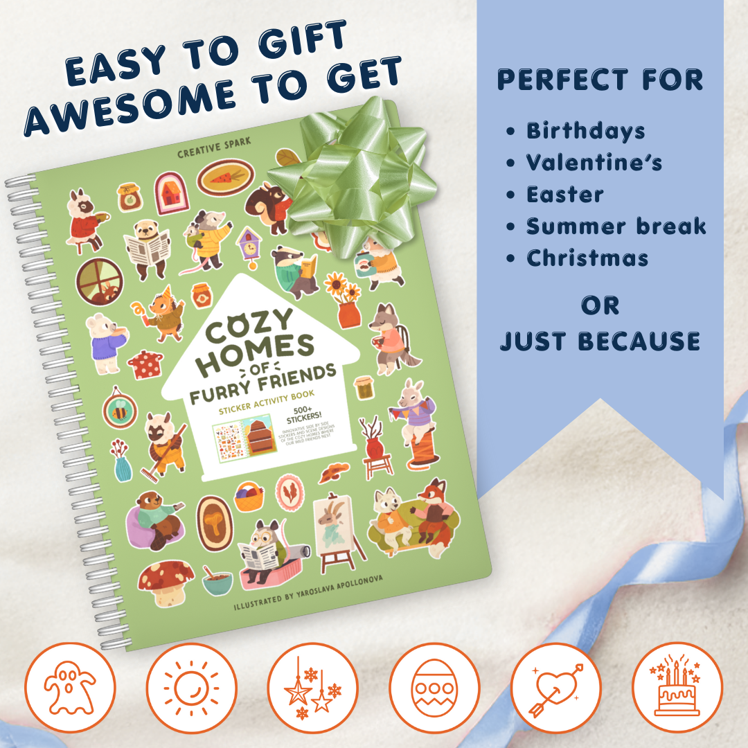Sticker activity book titled 'Cozy Homes of Furry Friends' with a green bow on a light background.