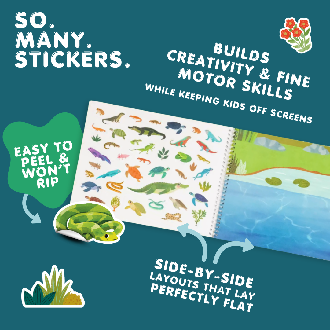 Children's activity book with stickers on a green background, promoting creativity and fine motor skills.