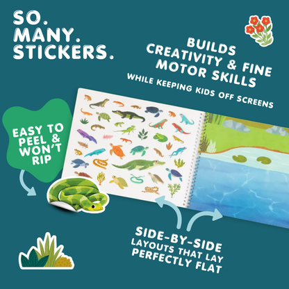 Children's activity book with stickers on a green background, promoting creativity and fine motor skills.