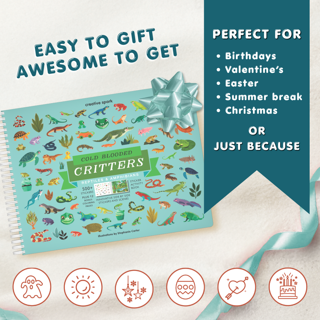 Children's activity book titled 'Cold Blooded Critters' with a bow on a white background