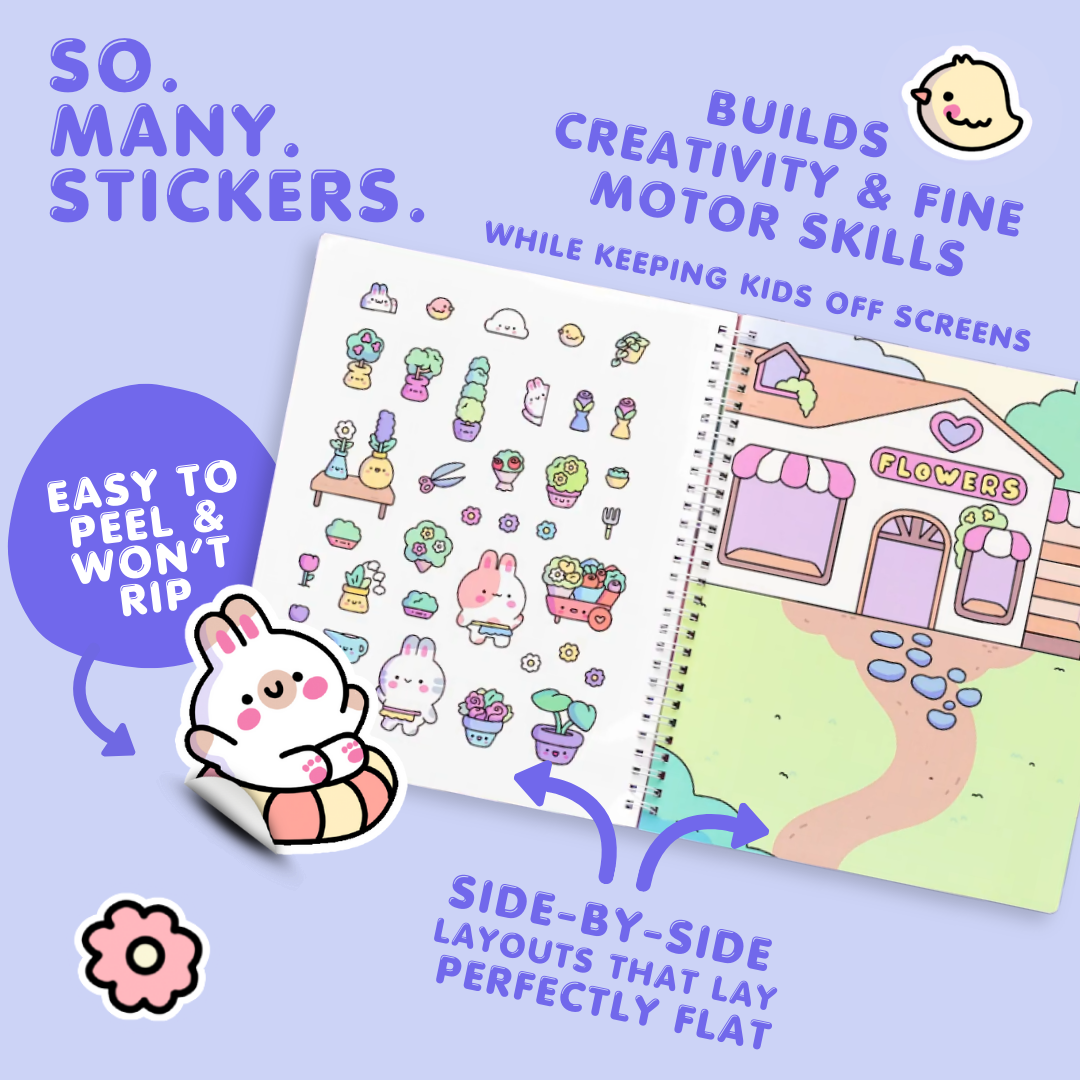 Coloring book with stickers and a cartoon character on a purple background