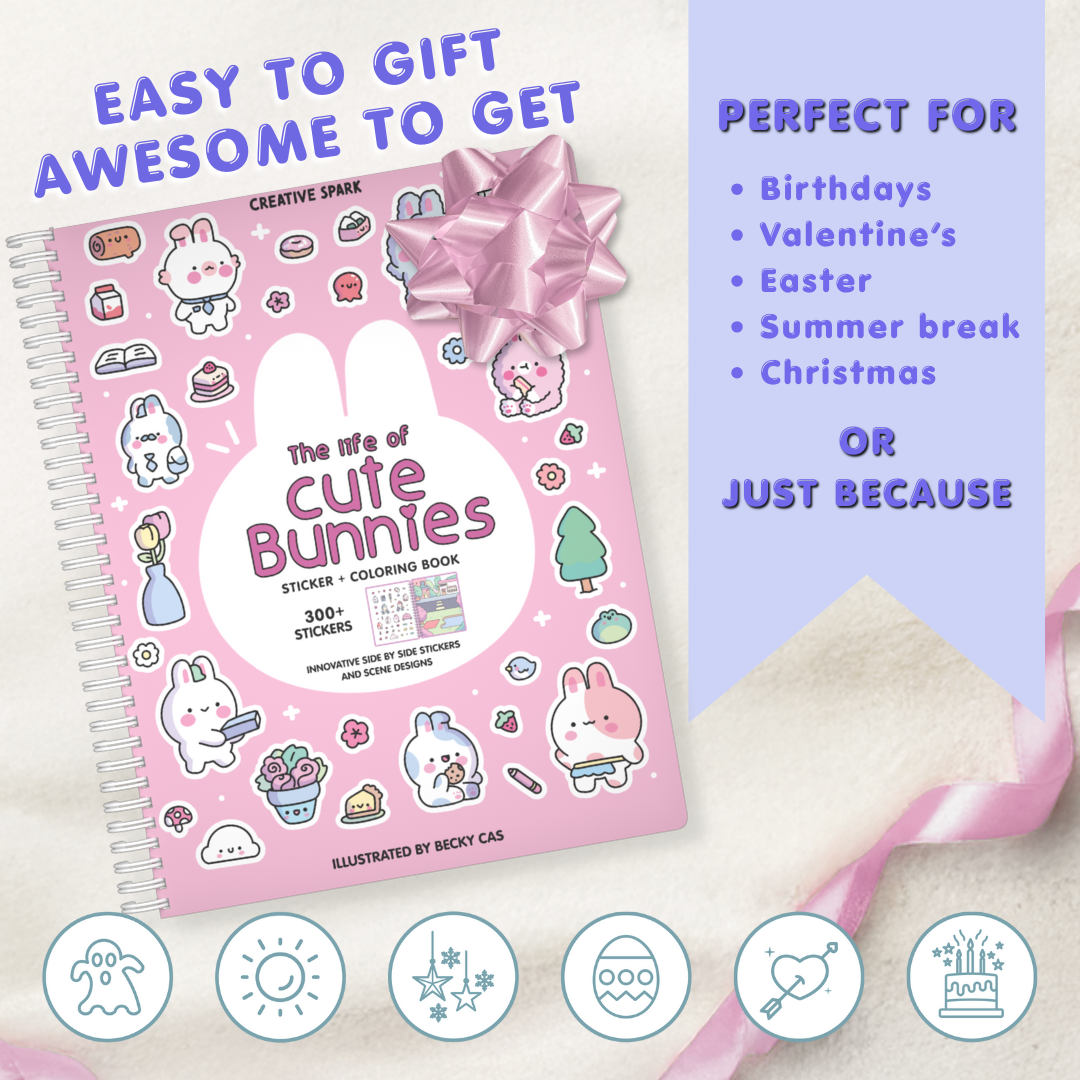 Sticker and coloring book titled 'The Life of Cute Bunnies' with a pink bow on a light purple background.
