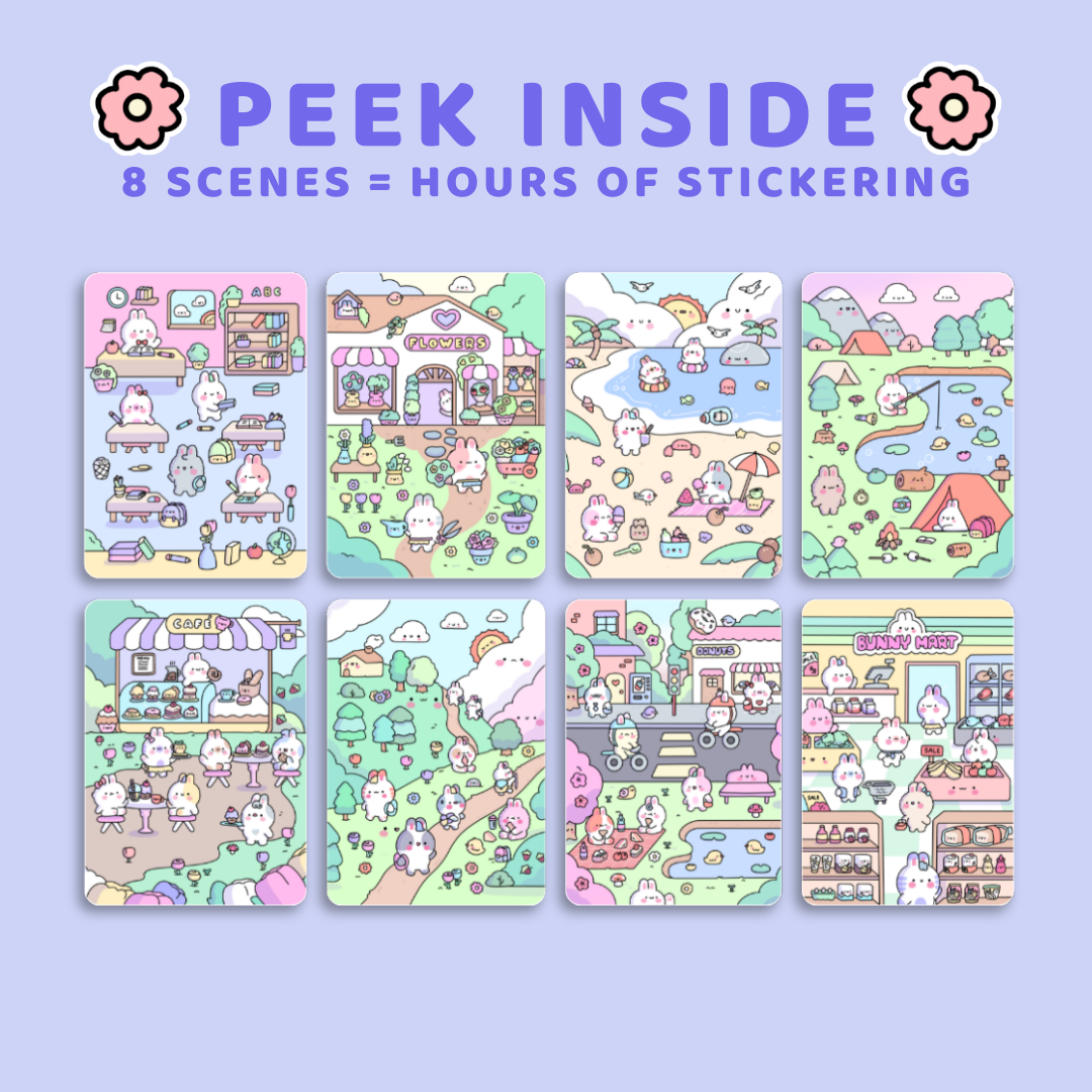 Set of colorful sticker sheets with cute illustrations on a light purple background, featuring text 'Peek Inside' and '8 Scenes = Hours of Sticking'.