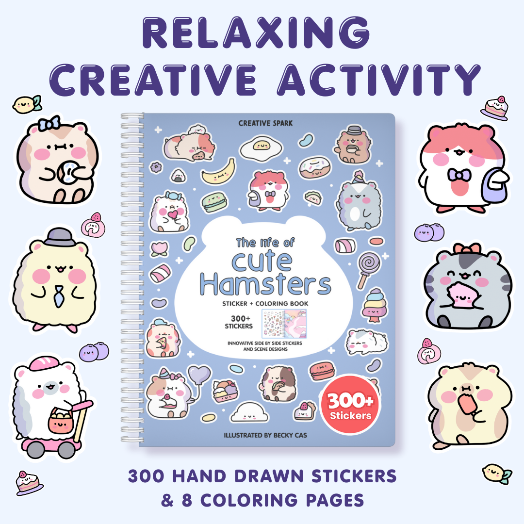 Sticker and coloring book titled 'The Life of Cute Hamsters' with cartoon hamsters on a blue background.