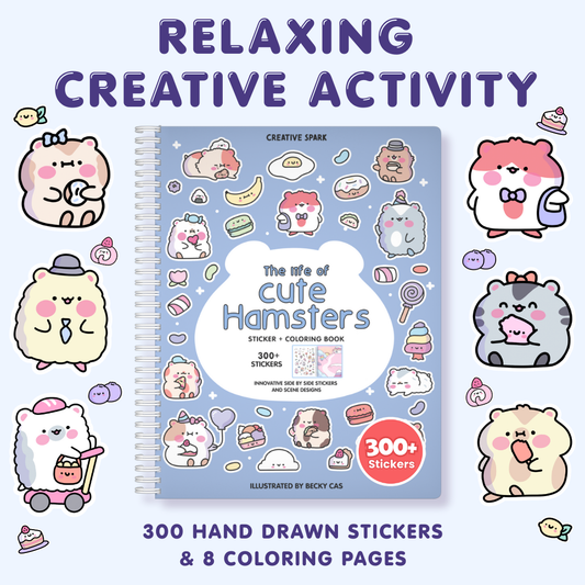 Sticker and coloring book titled 'The Life of Cute Hamsters' with cartoon hamsters on a blue background.