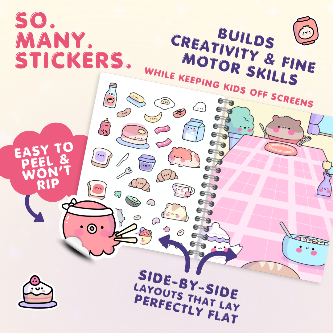 Sticker book with cartoon characters and text about stickers and benefits