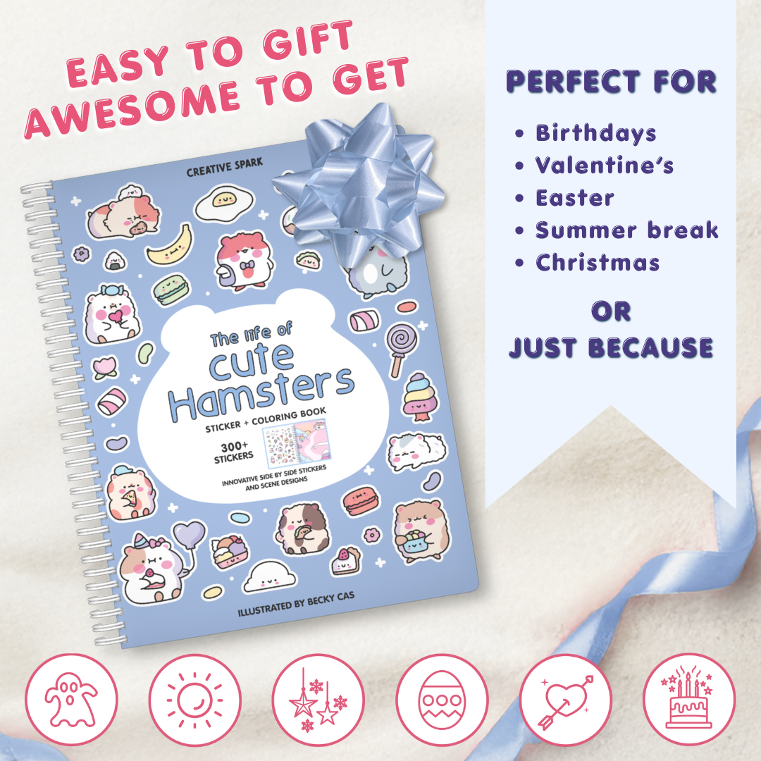 Sticker and coloring book with stickers titled 'Life of Cute Hamsters' on a light background.