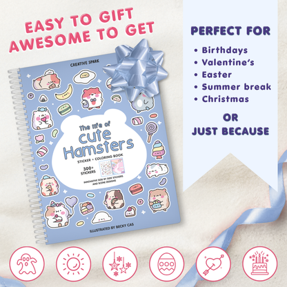 Sticker and coloring book with stickers titled 'Life of Cute Hamsters' on a light background.