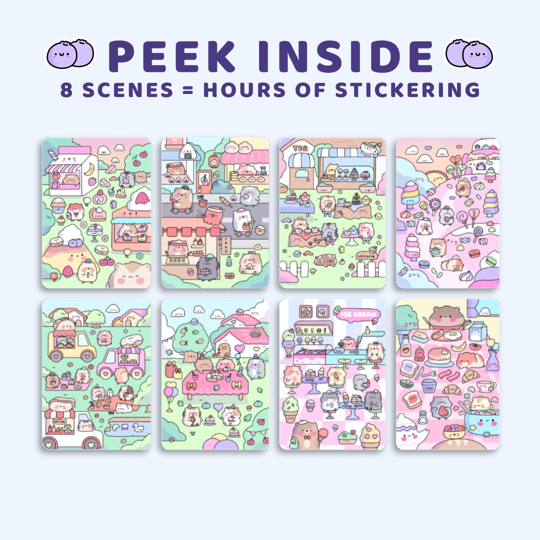 Set of colorful sticker sheets with cute illustrations on a white background