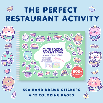 Sticker activity book titled 'Cute Foods Around Town' with cartoon characters on a blue background.