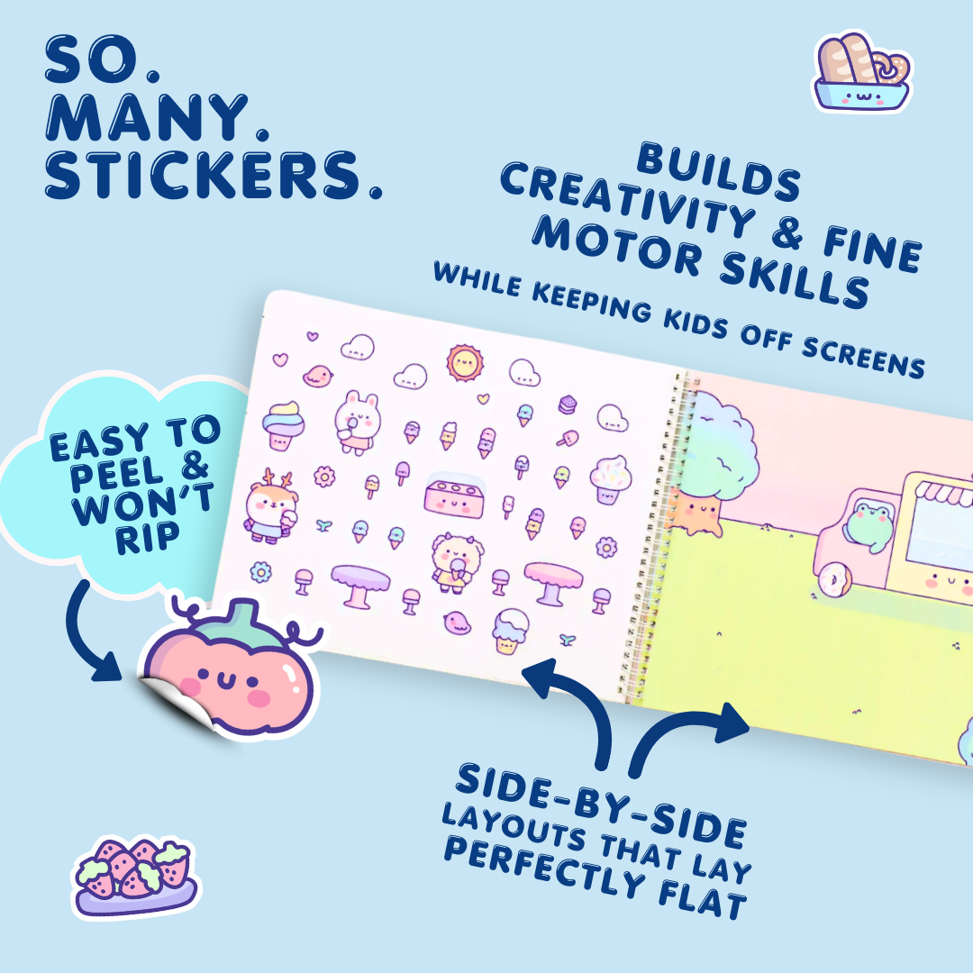 Sticker book with colorful designs on a blue background, featuring text about stickers and their benefits.