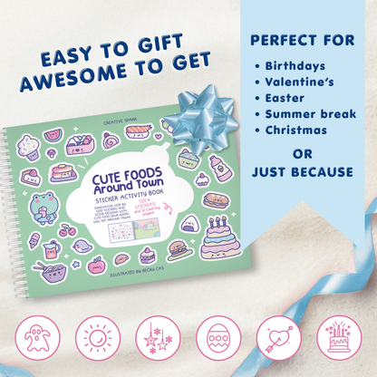 Sticker book titled 'Cute Foods Around Town' with a blue bow on a light background