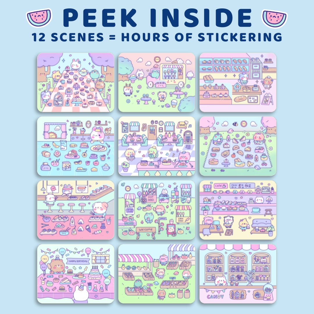 Set of stickers with various scenes on a light blue background, featuring text 'Peek Inside' and '12 Scenes = Hours of Sticking'.