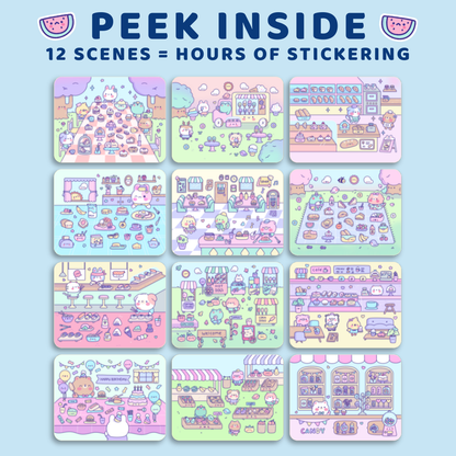 Set of stickers with various scenes on a light blue background, featuring text 'Peek Inside' and '12 Scenes = Hours of Sticking'.