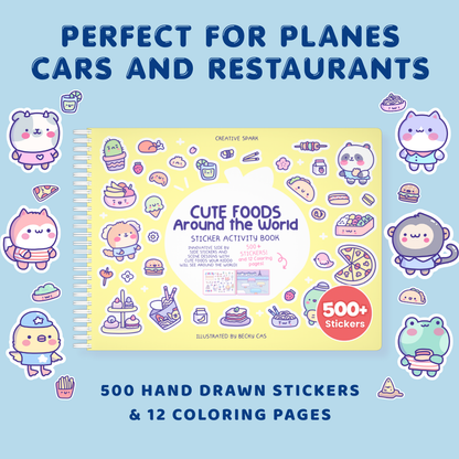 Sticker activity book cover with cute illustrations on a blue background