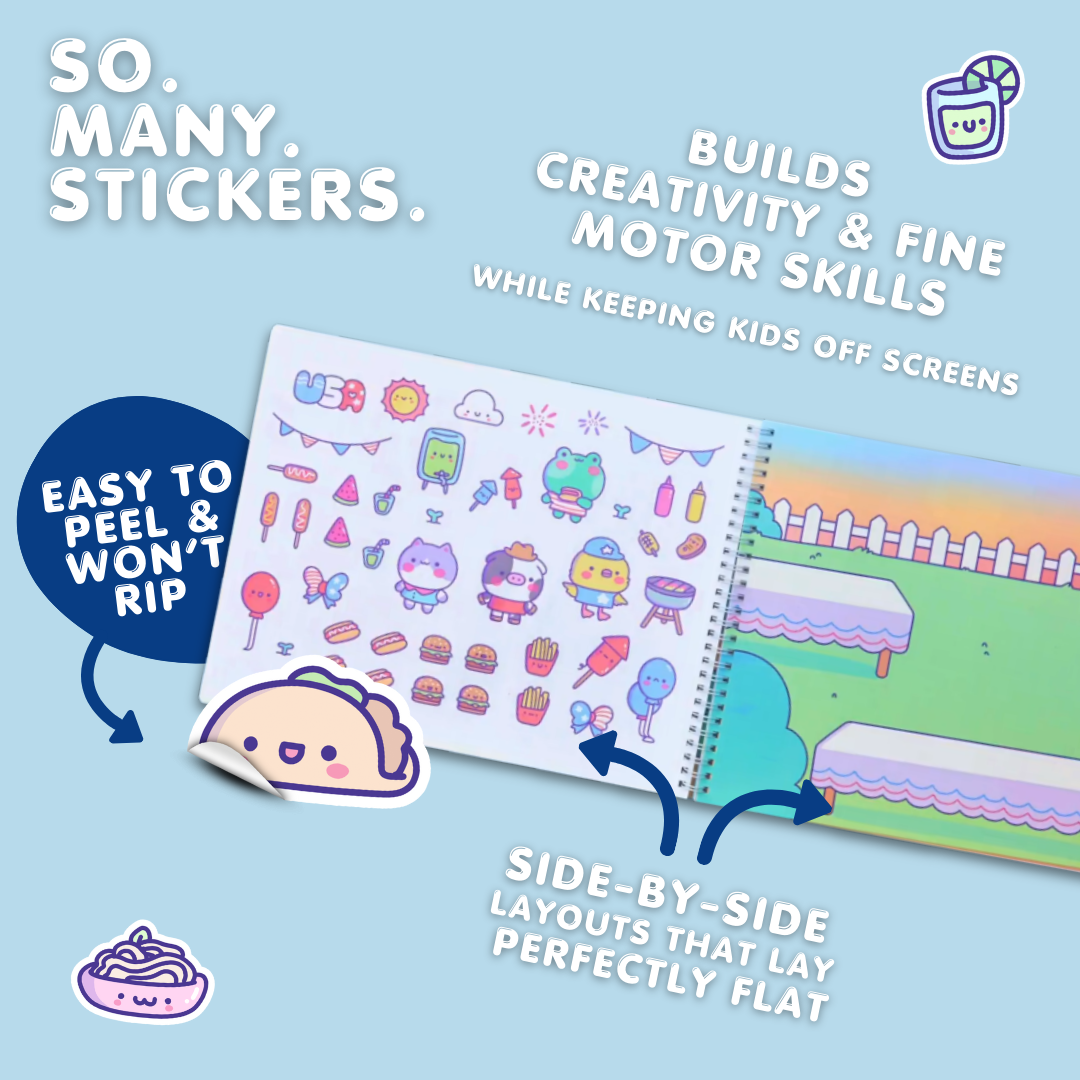 Sticker book with colorful designs on a light blue background, featuring text about stickers and their benefits.