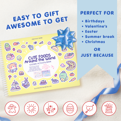 Sticker activity book titled 'Cute Foods Around the World' with a blue bow on a white background.
