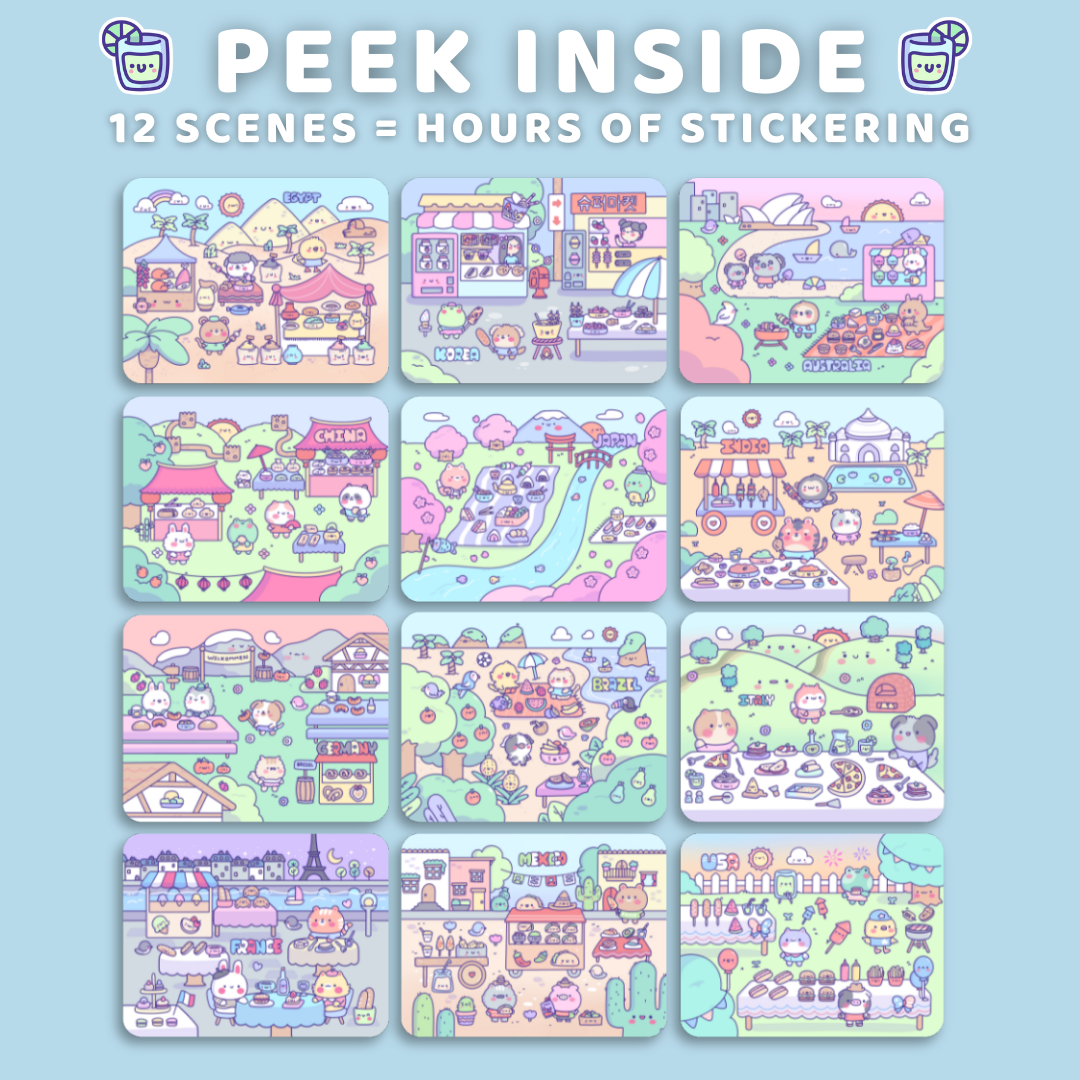 Illustrated sticker sheets with various scenes on a light blue background, featuring text 'Peek Inside' and '12 Scenes = Hours of Sticking'.