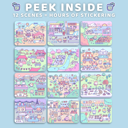 Illustrated sticker sheets with various scenes on a light blue background, featuring text 'Peek Inside' and '12 Scenes = Hours of Sticking'.