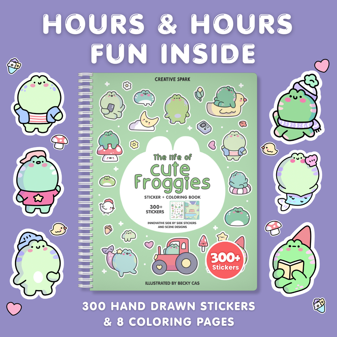 Sticker and coloring book titled 'The Life of Cute Froggies' with stickers around on a purple background.