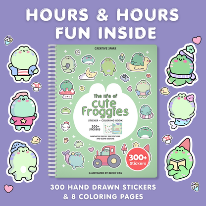 Sticker and coloring book titled 'The Life of Cute Froggies' with stickers around on a purple background.
