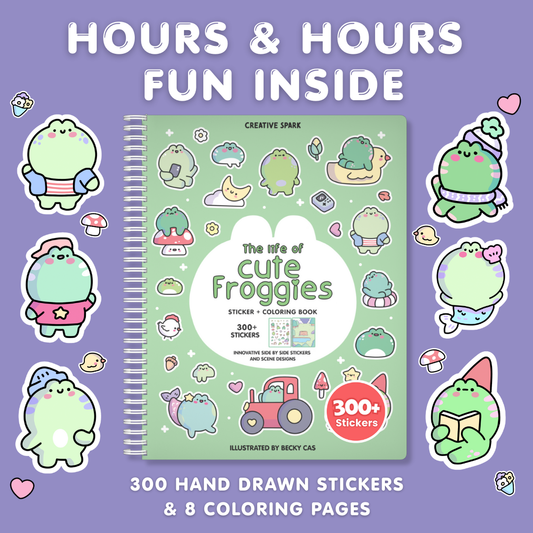 Sticker and coloring book titled 'The Life of Cute Froggies' with stickers around on a purple background.