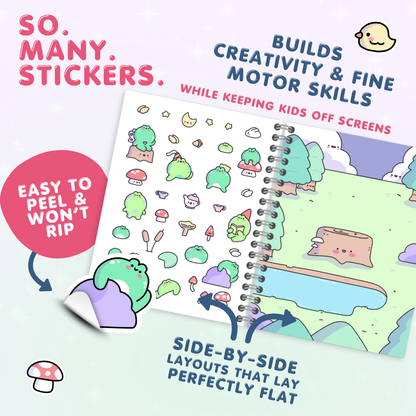 Colorful children's activity book with stickers and text about creativity and fine motor skills.