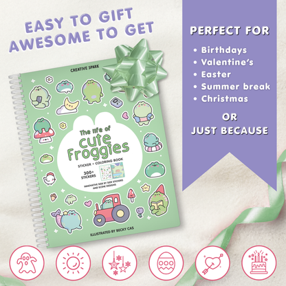 Sticker and coloring book with a green bow, perfect for various occasions.