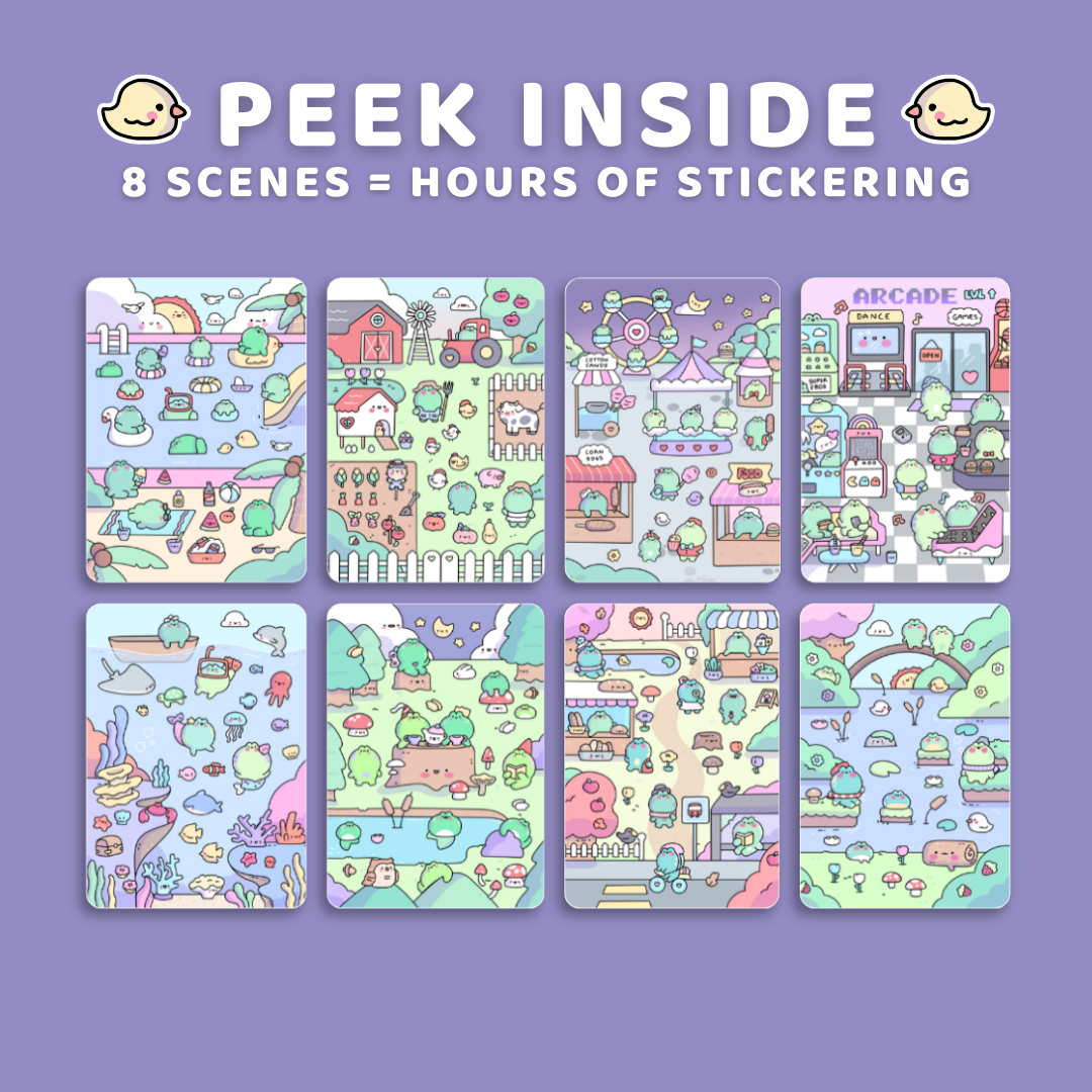 Set of colorful sticker sheets with various scenes on a purple background, featuring text 'Peek Inside' and '8 Scenes = Hours of Sticking'.