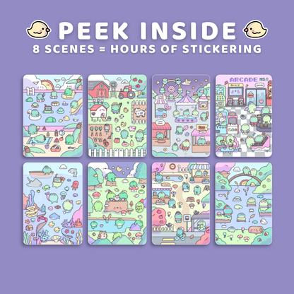Set of colorful sticker sheets with various scenes on a purple background, featuring text 'Peek Inside' and '8 Scenes = Hours of Sticking'.