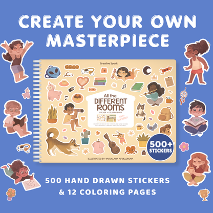 Coloring book with stickers on a blue background